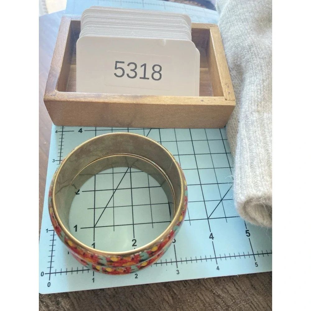 Floral Bangle Bracelet‎ Set Of 2 Wide Gold Tone Turquoise Color Cottagecore
